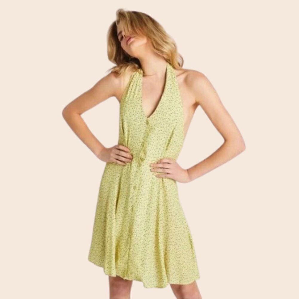 ROLLAS Pastel Yellow Citron Mini Tulips Floral Halter Dress Size Small
